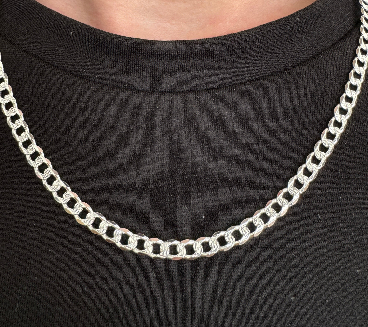 925 Sterling Silver Mens 4.5mm Pave Curb Chain
