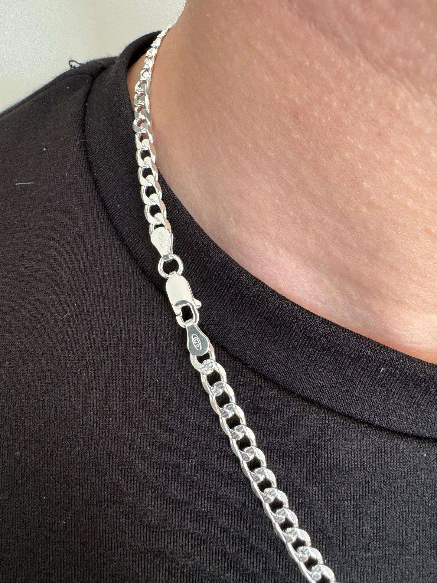 925 Sterling Silver Mens 4.5mm Pave Curb Chain