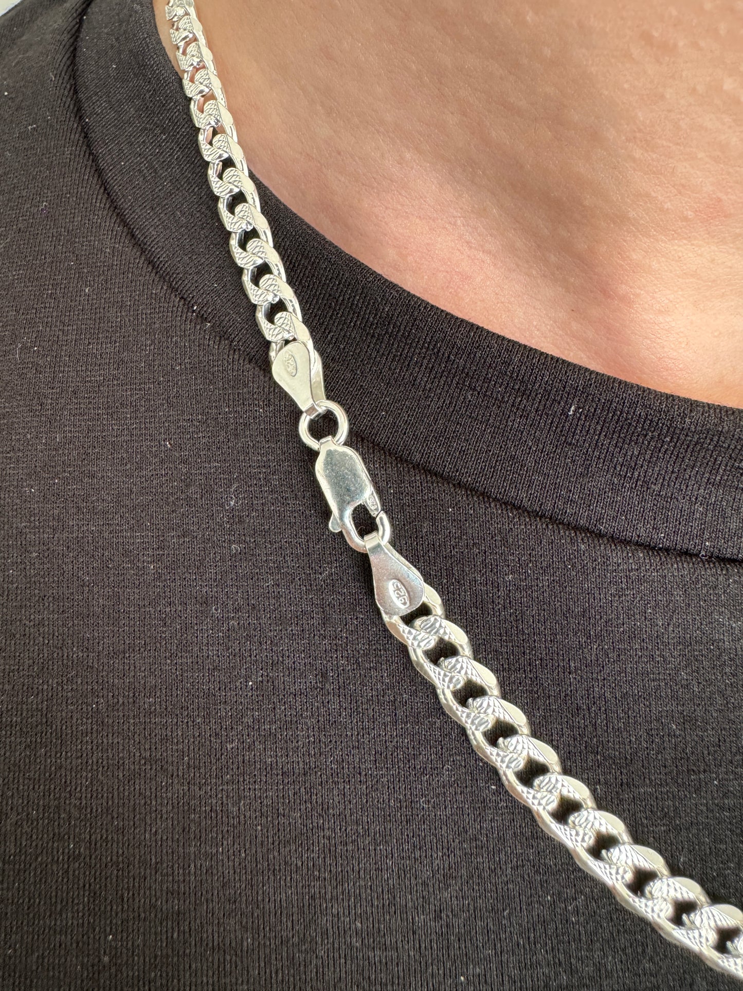 925 Sterling Silver Mens 5.5mm Pave Curb Chain