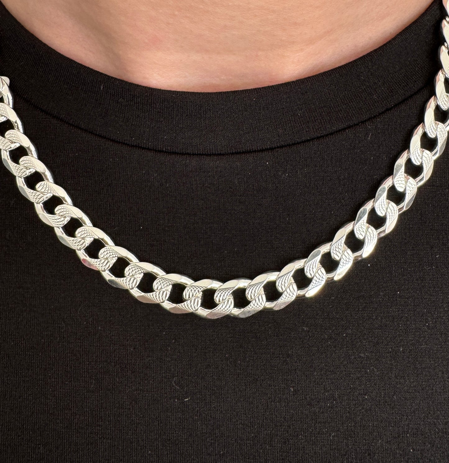 925 Sterling Silver Mens 7.5mm Pave Curb Chain