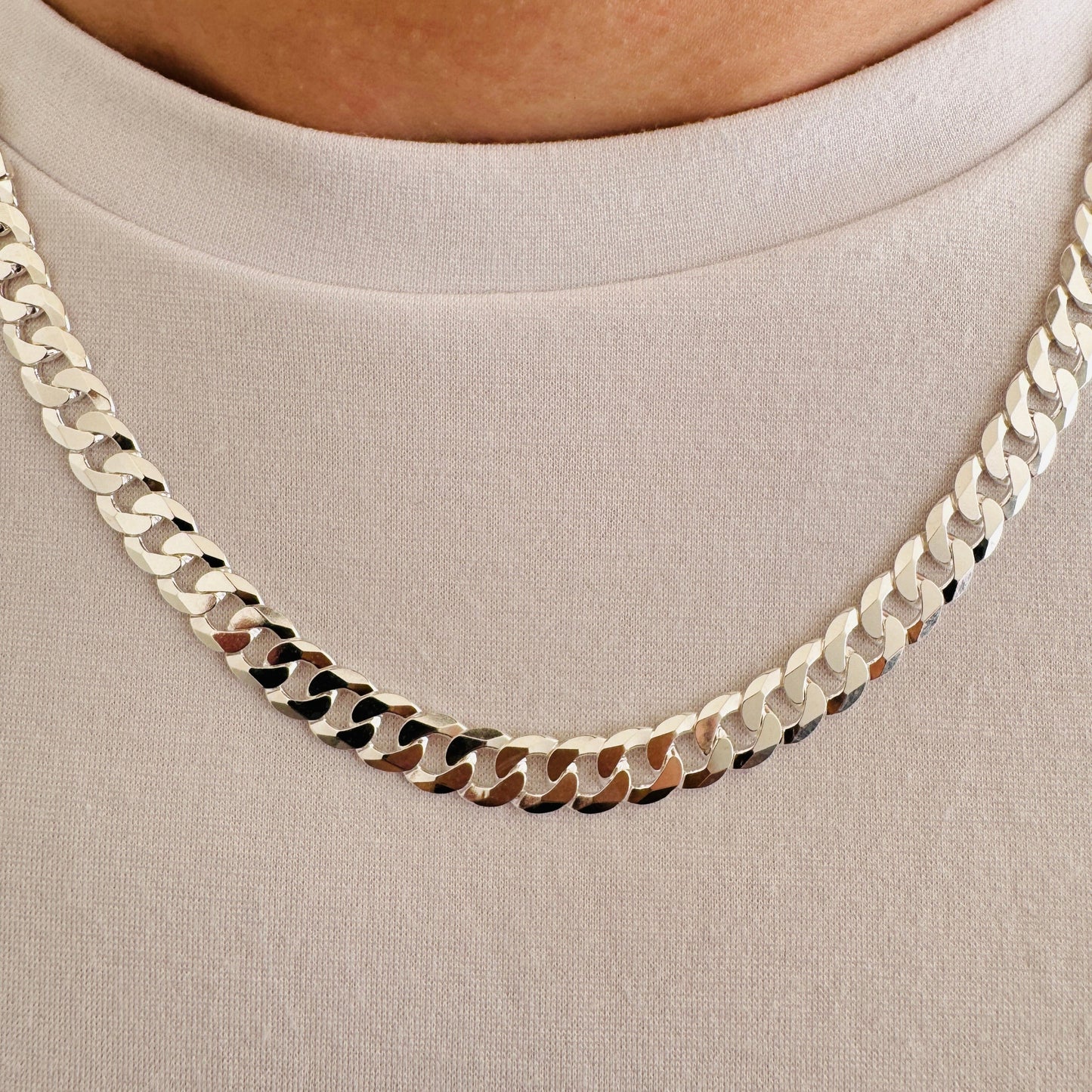 925 Sterling Silver Men 8mm Flat Curb Chain