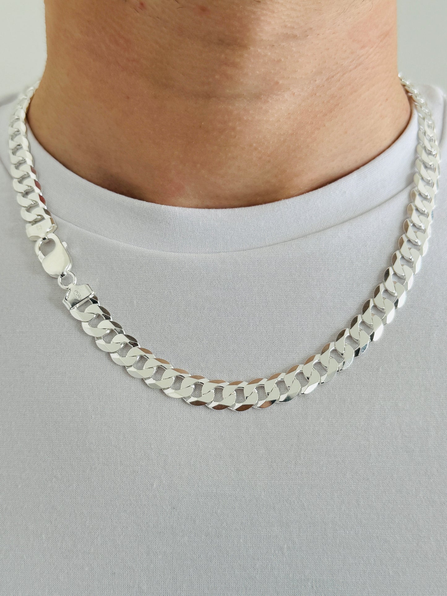 925 Sterling Silver Men 10mm Flat Curb Chain