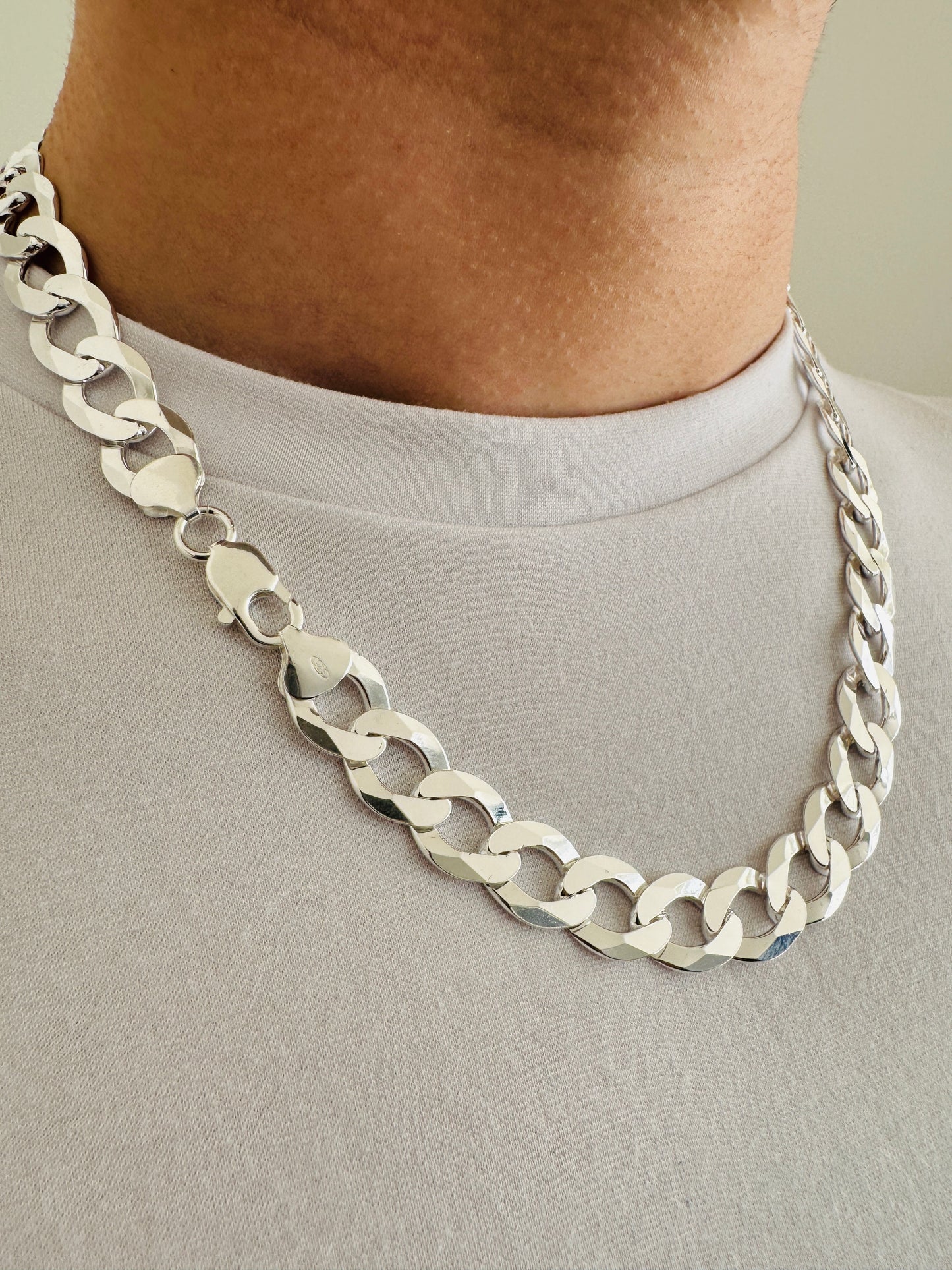 925 Sterling Silver Men 12mm Chunky Flat Curb Chain