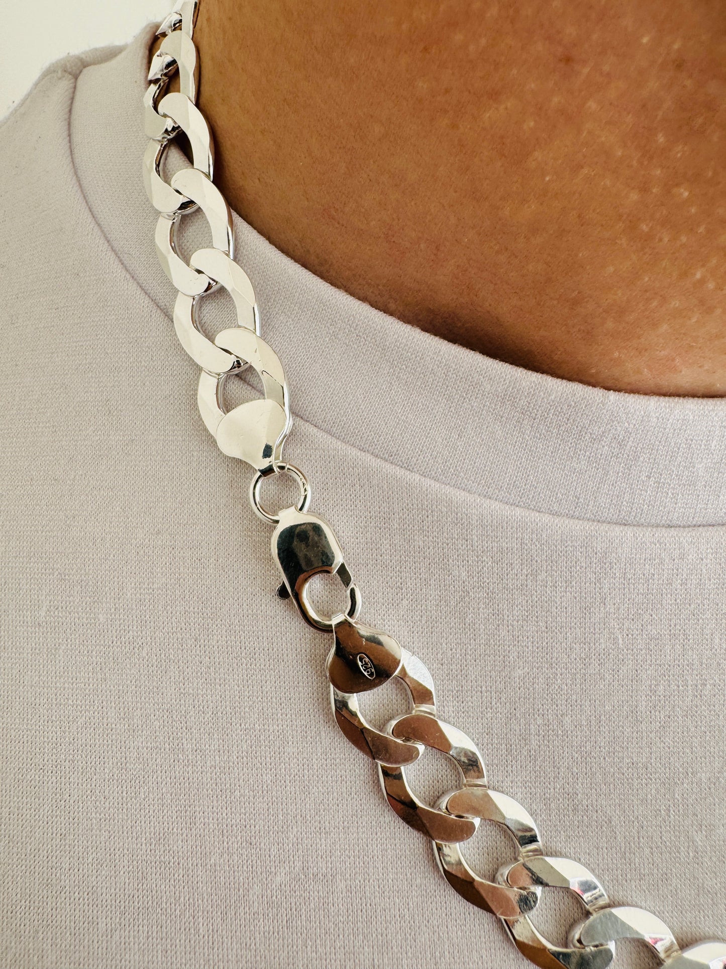 925 Sterling Silver Men 12mm Chunky Flat Curb Chain