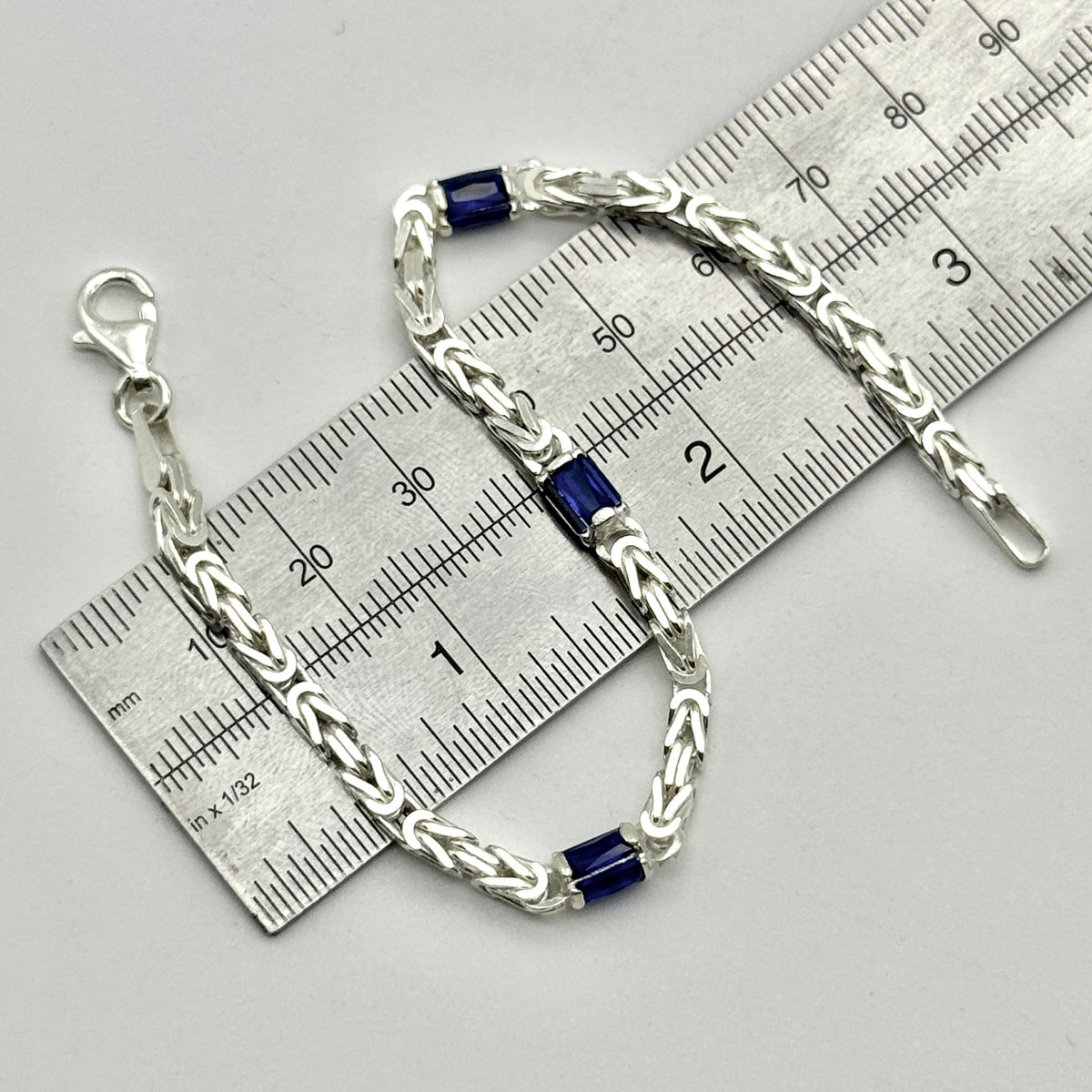 925 Sterling Silver 3.5mm Sapphire Byzantine Bracelet Square Link 8 Inch