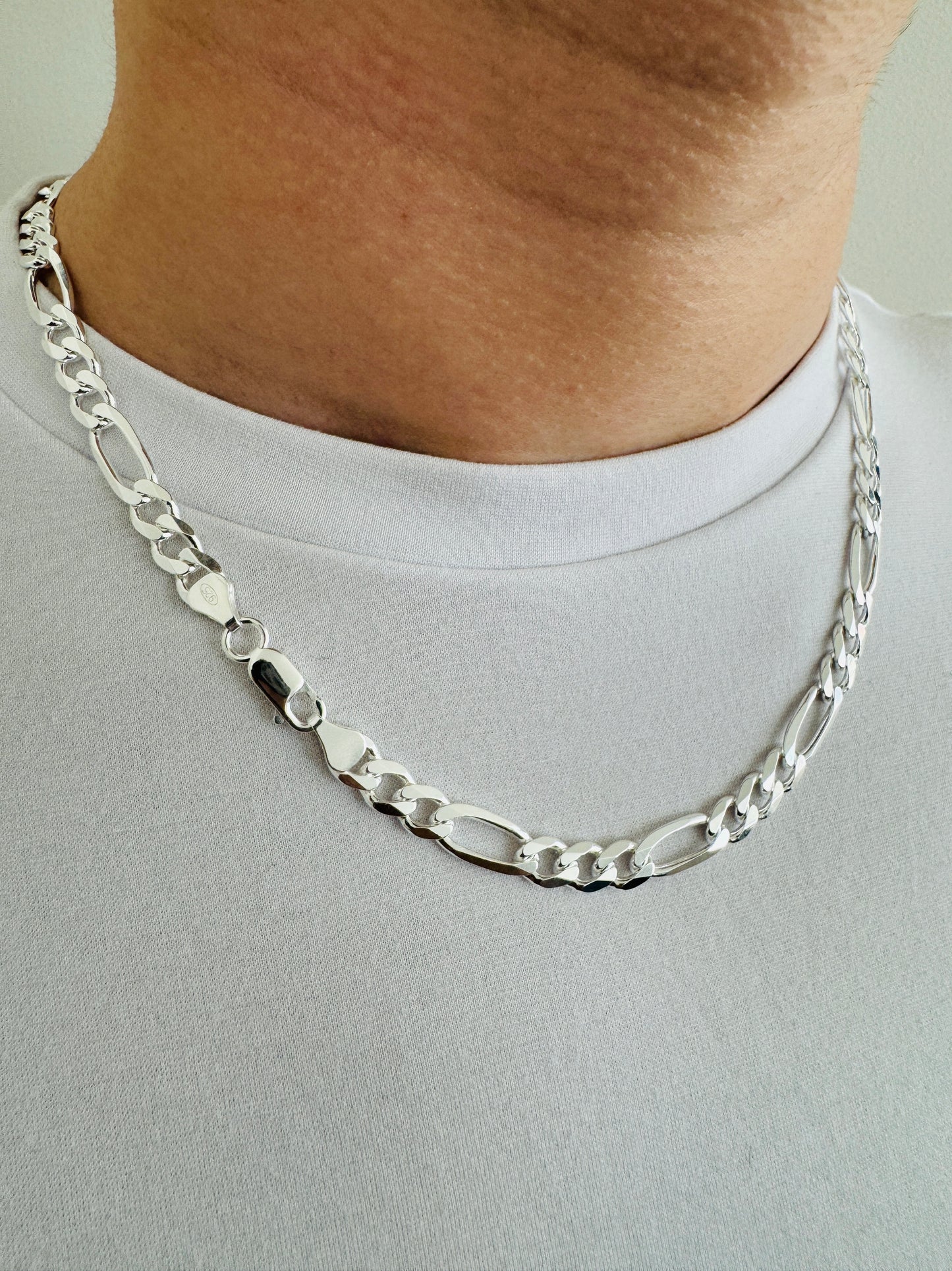 925 Sterling Silver Mens 6.5mm Figaro Chain