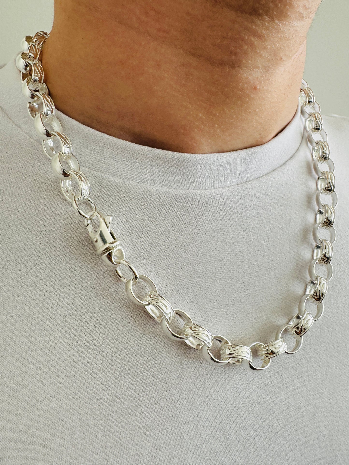 925 Sterling Silver 12mm Oval Engraved Belcher Chain
