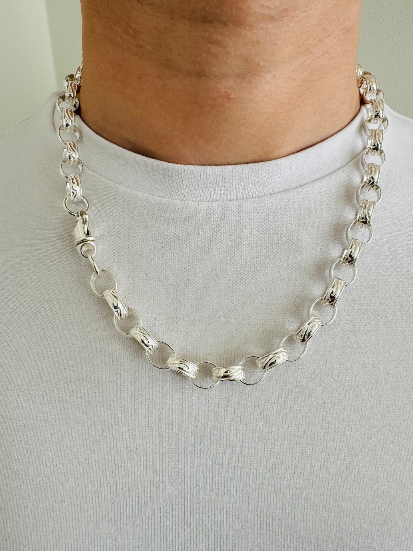 925 Sterling Silver 12mm Oval Engraved Belcher Chain