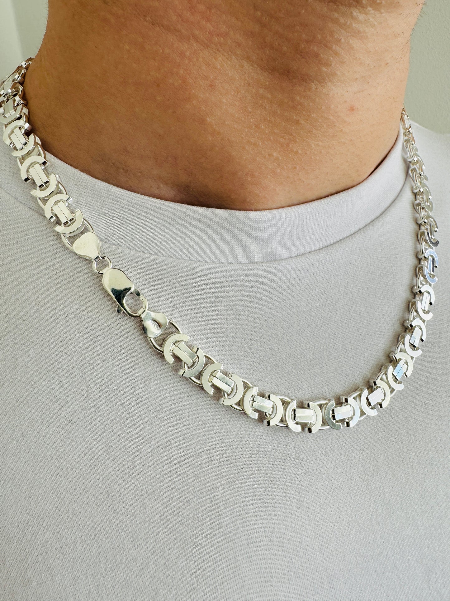 925 Sterling Silver Mens 8mm Flat Byzantine Chain