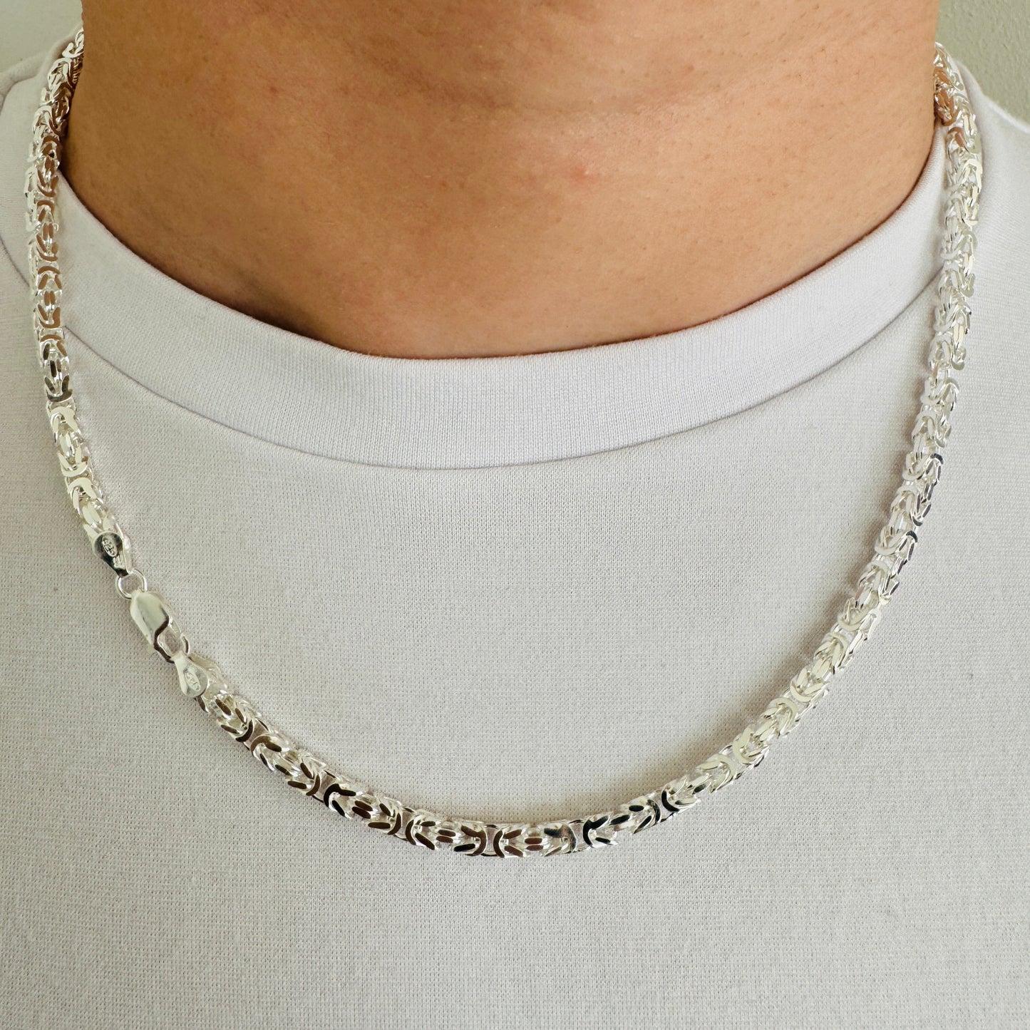 925 Sterling Silver Mens 4mm Square Byzantine Chain