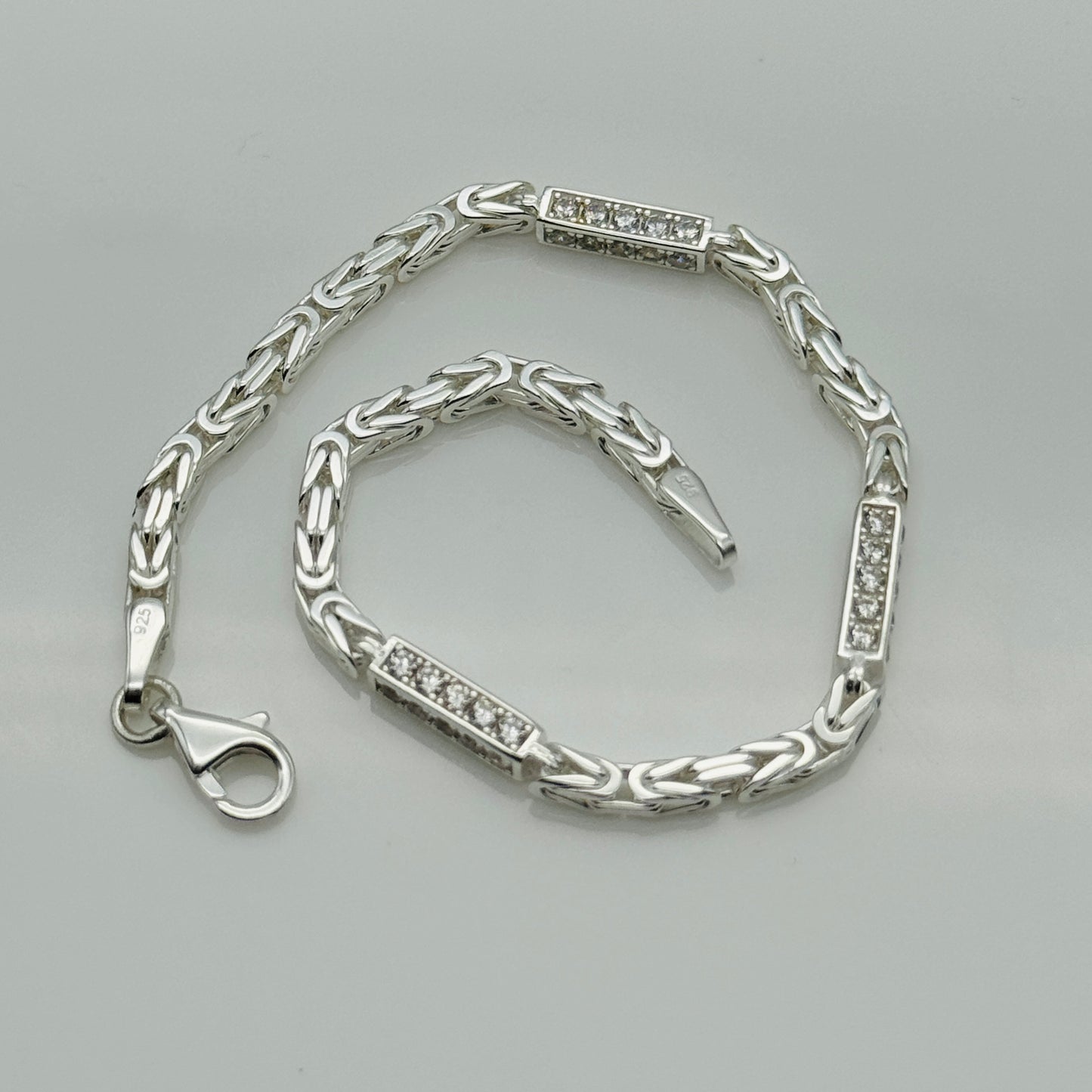 925 Sterling Silver 3mm CZ Square Byzantine Bracelet 8 INCH