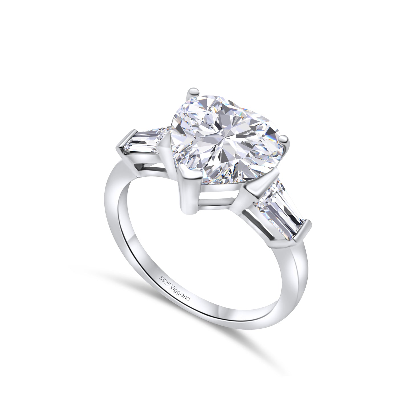 925 Sterling Silver Heart Diamond Baguette Engagement Ring