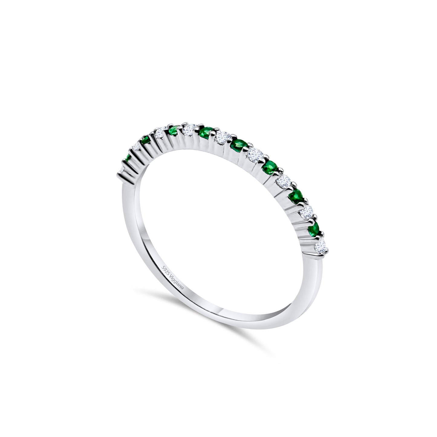 925 Sterling Silver 1mm Emerald Half Eternity Ring