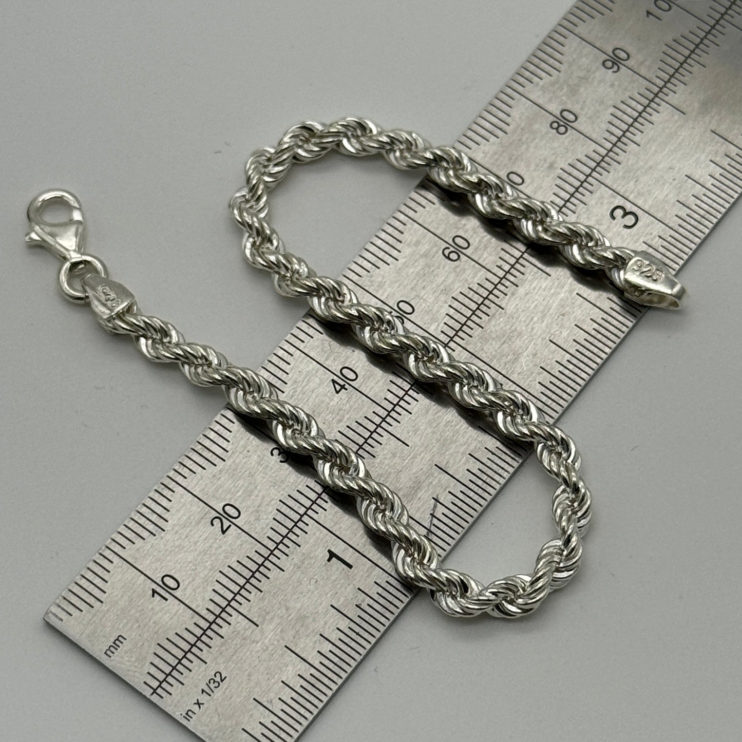 925 Sterling Silver 4mm Rope Bracelet 8 Inch