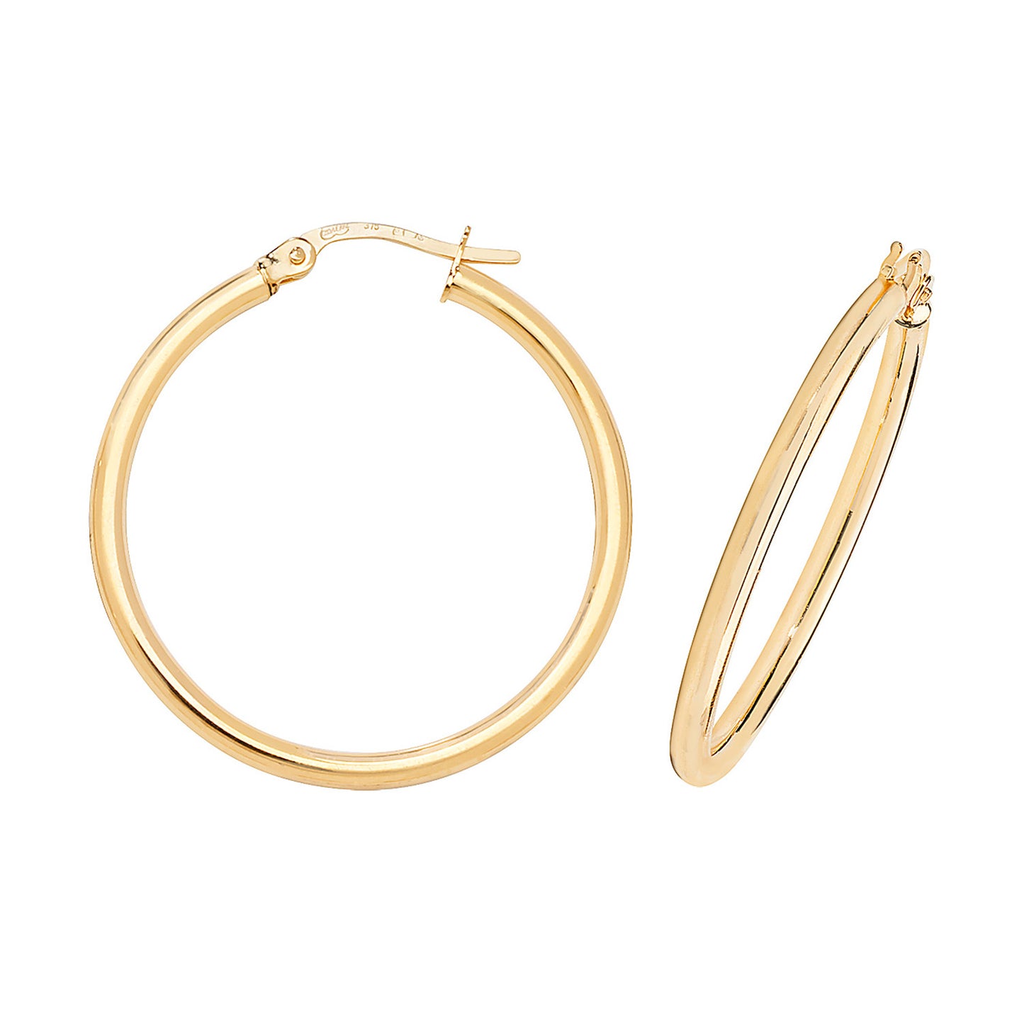 9ct Yellow Gold 2mm Thick Plain Hoop Earring 10mm 15mm 20mm 25mm 30mm 40mm
