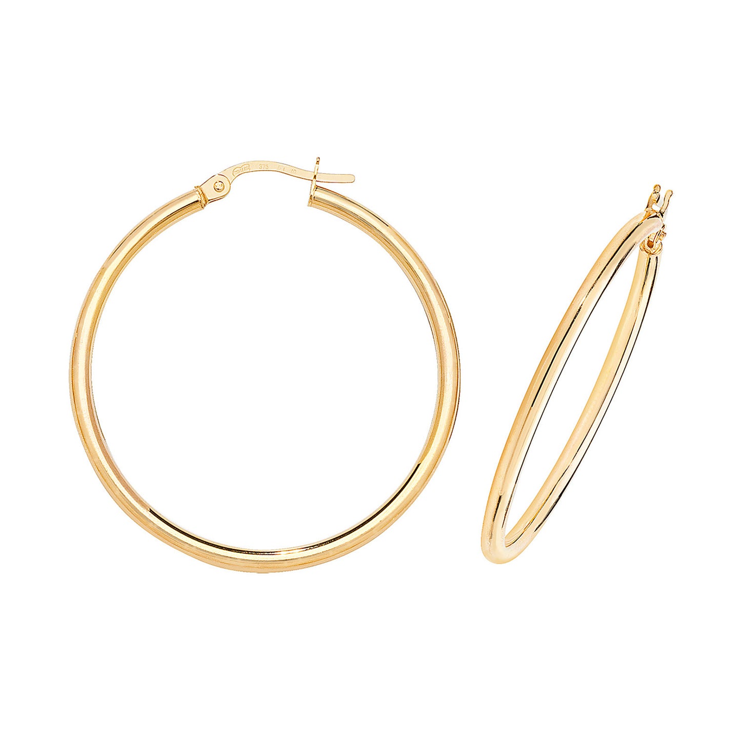 9ct Yellow Gold 2mm Thick Plain Hoop Earring 10mm 15mm 20mm 25mm 30mm 40mm
