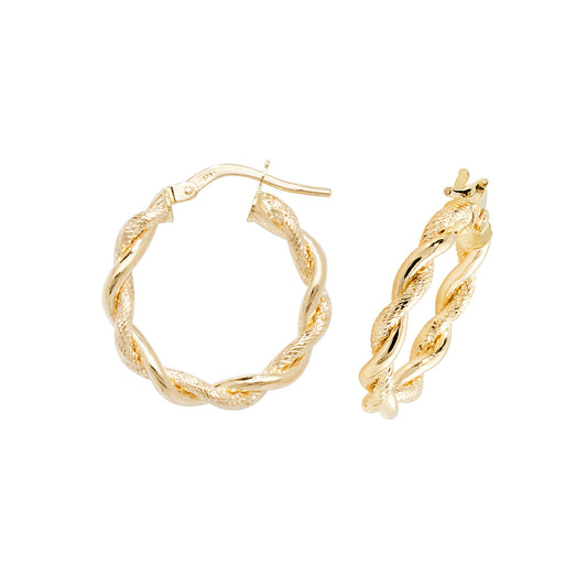 9ct Yellow Gold 3mm DC Twisted Hoop Earring 8mm 10mm 15mm 20mm 25mmm 30mm