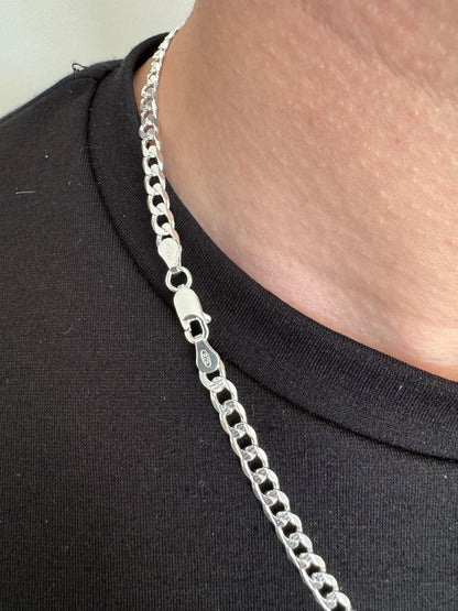 925 Sterling Silver Mens 4.5mm Pave Curb Chain