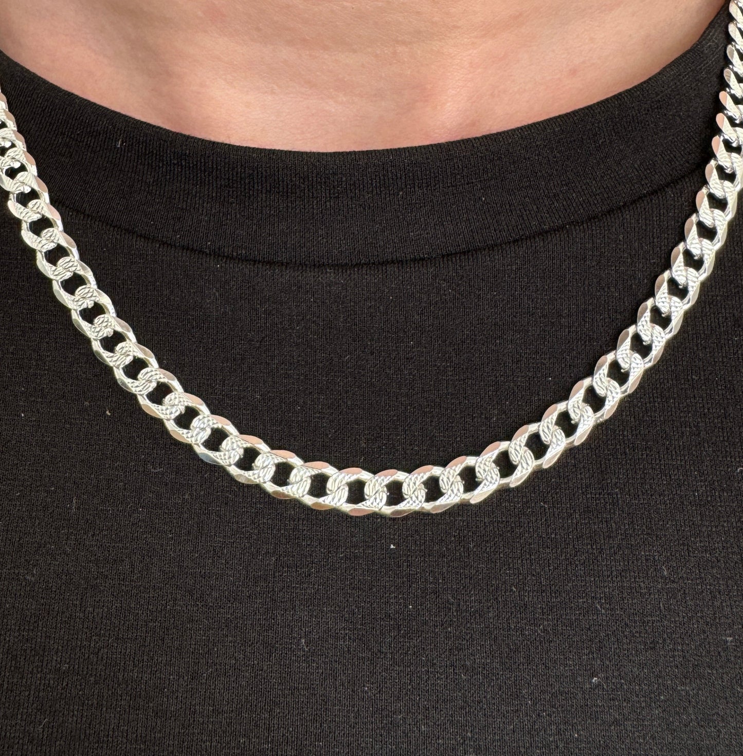 925 Sterling Silver Mens 5.5mm Pave Curb Chain