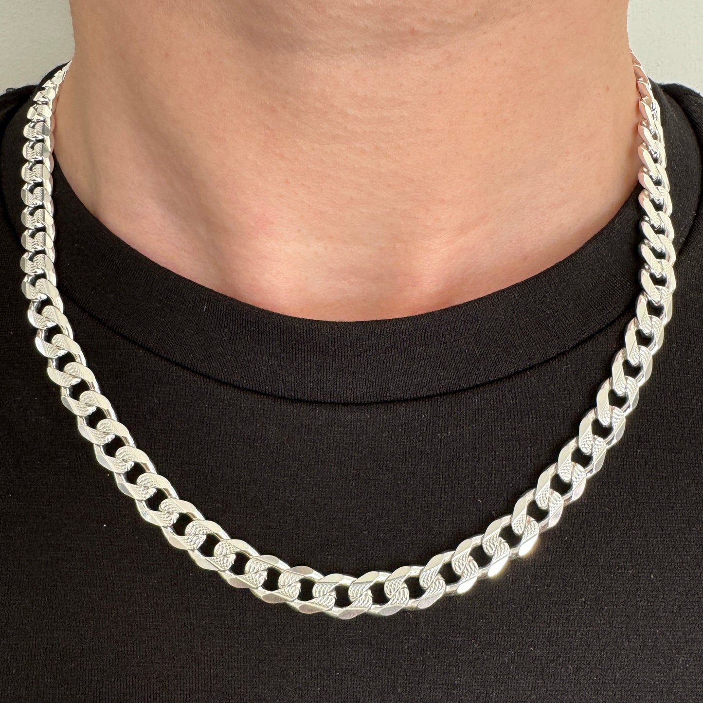 925 Sterling Silver Mens 6.5mm Pave Curb Chain