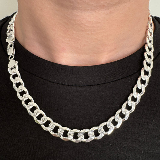 925 Sterling Silver Mens 7.5mm Pave Curb Chain