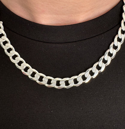 925 Sterling Silver Mens 7.5mm Pave Curb Chain