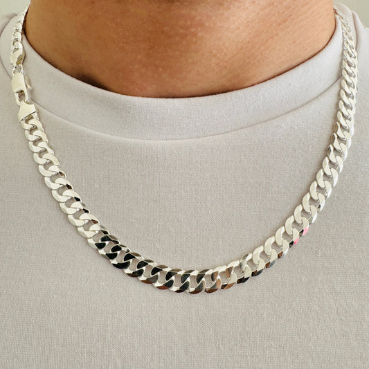 925 Sterling Silver Men 8mm Flat Curb Chain