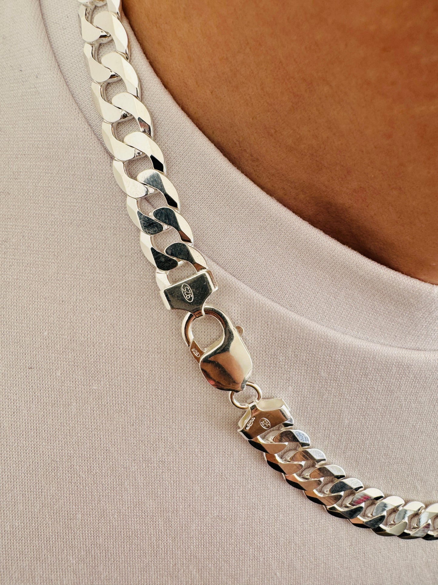 925 Sterling Silver Men 10mm Flat Curb Chain