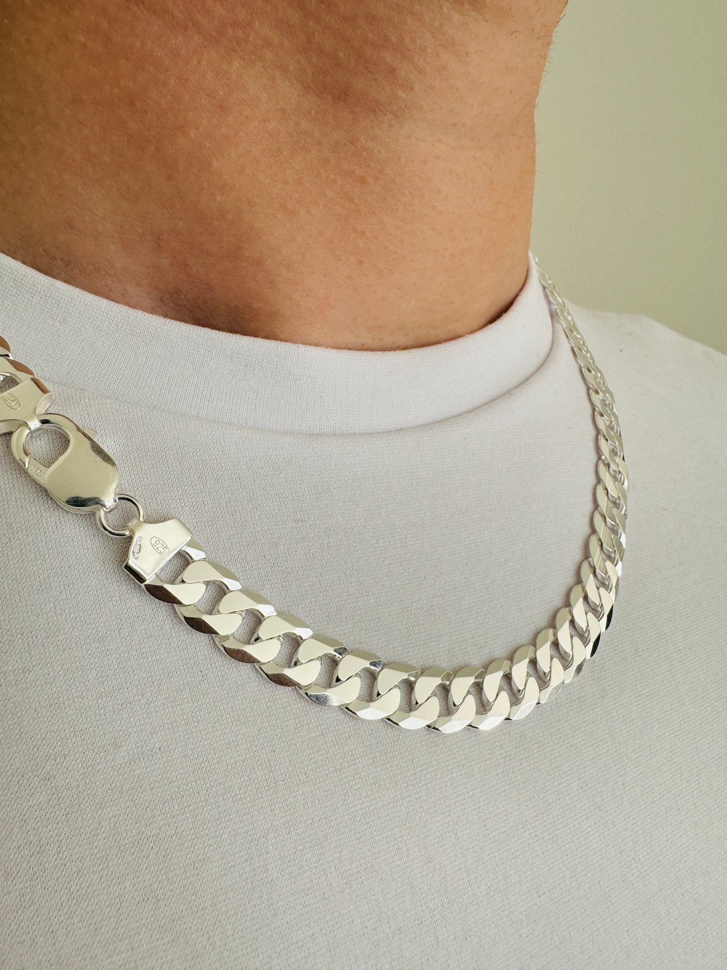 925 Sterling Silver Men 10mm Flat Curb Chain