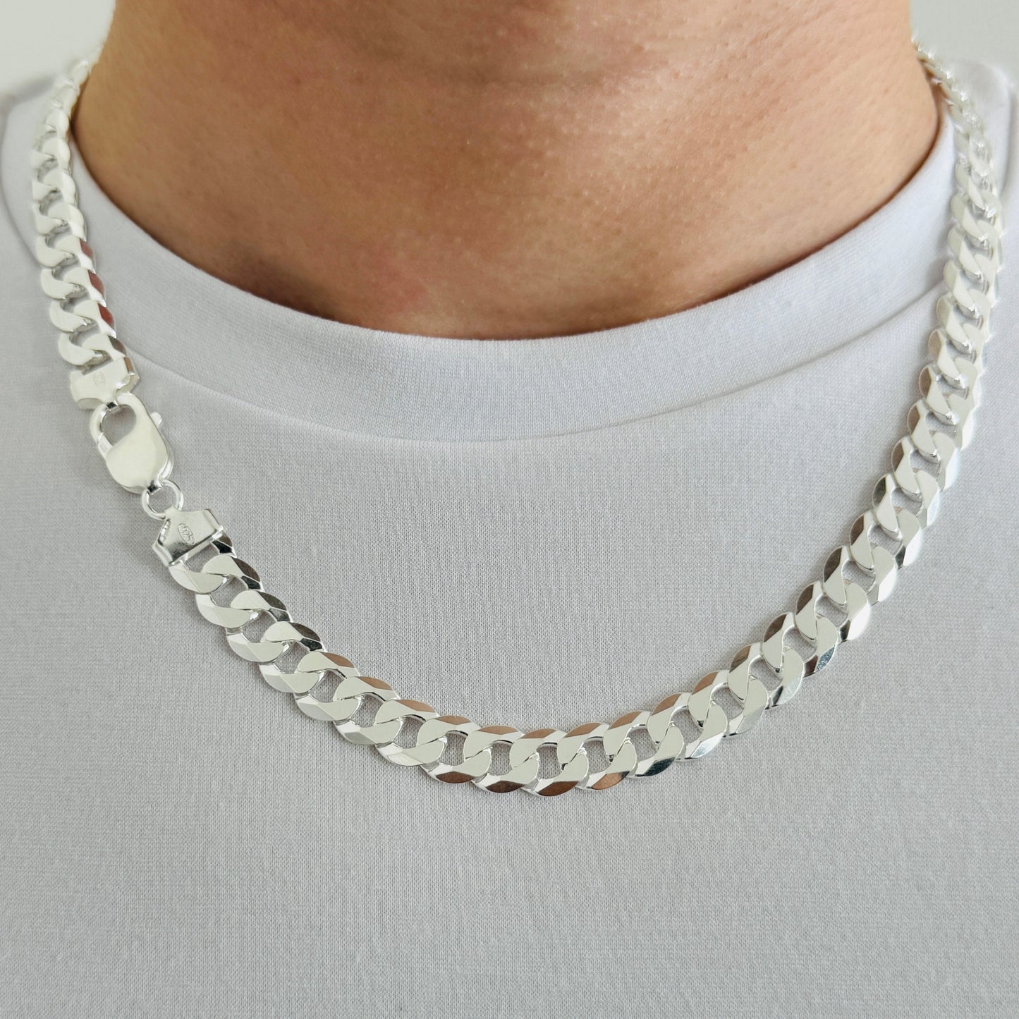 925 Sterling Silver Men 10mm Flat Curb Chain