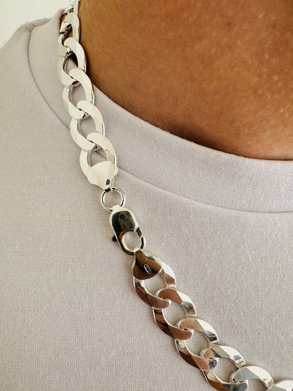 925 Sterling Silver Men 12mm Chunky Flat Curb Chain