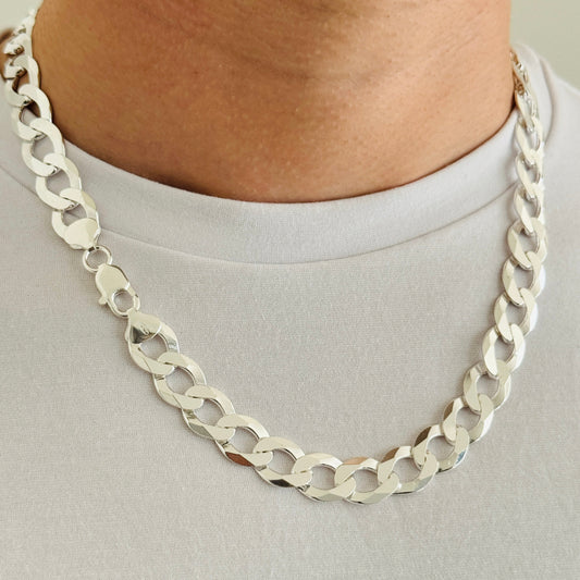 925 Sterling Silver Men 12mm Chunky Flat Curb Chain