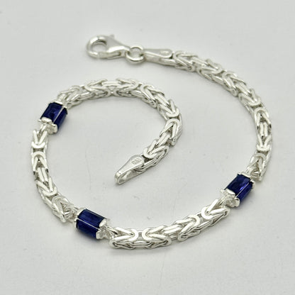 925 Sterling Silver 3.5mm Sapphire Byzantine Bracelet Square Link 8 Inch