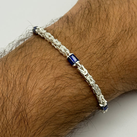 925 Sterling Silver 3.5mm Sapphire Byzantine Bracelet Square Link 8 Inch
