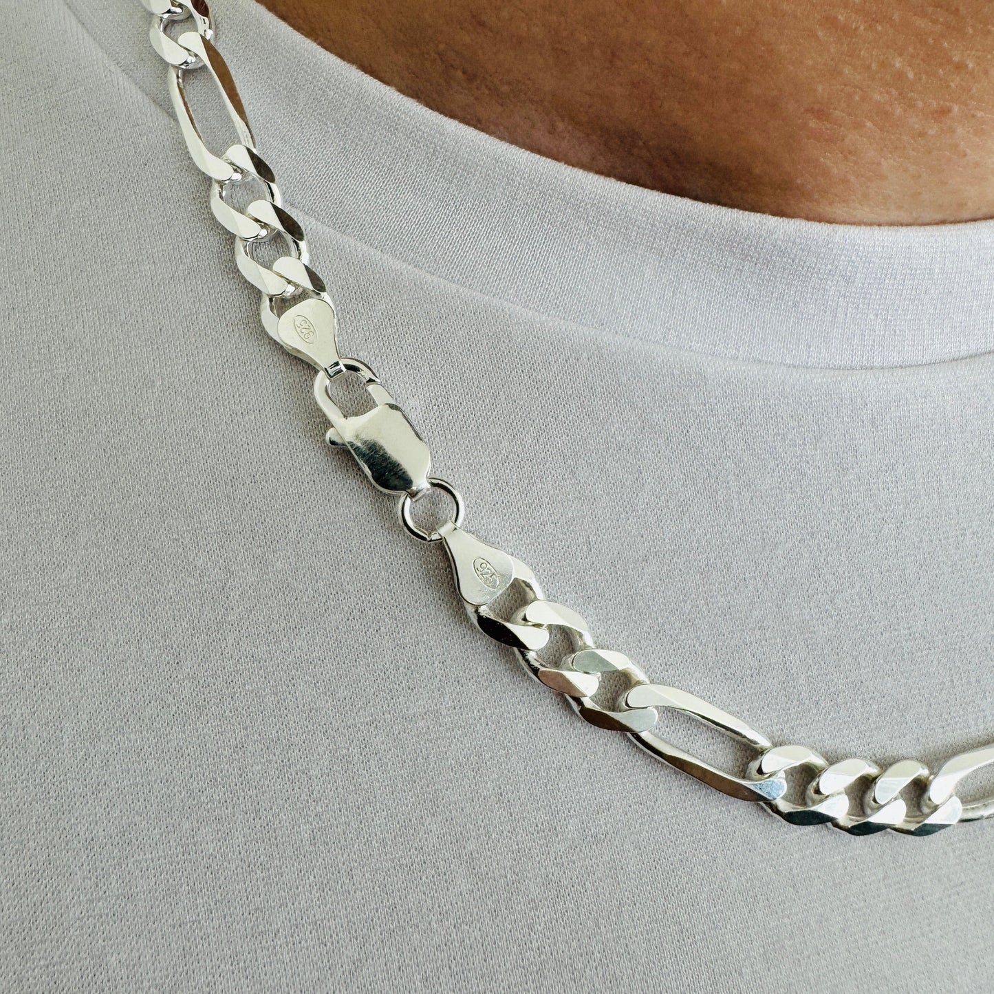 925 Sterling Silver Men 7.5mm Figaro Heavy Chain