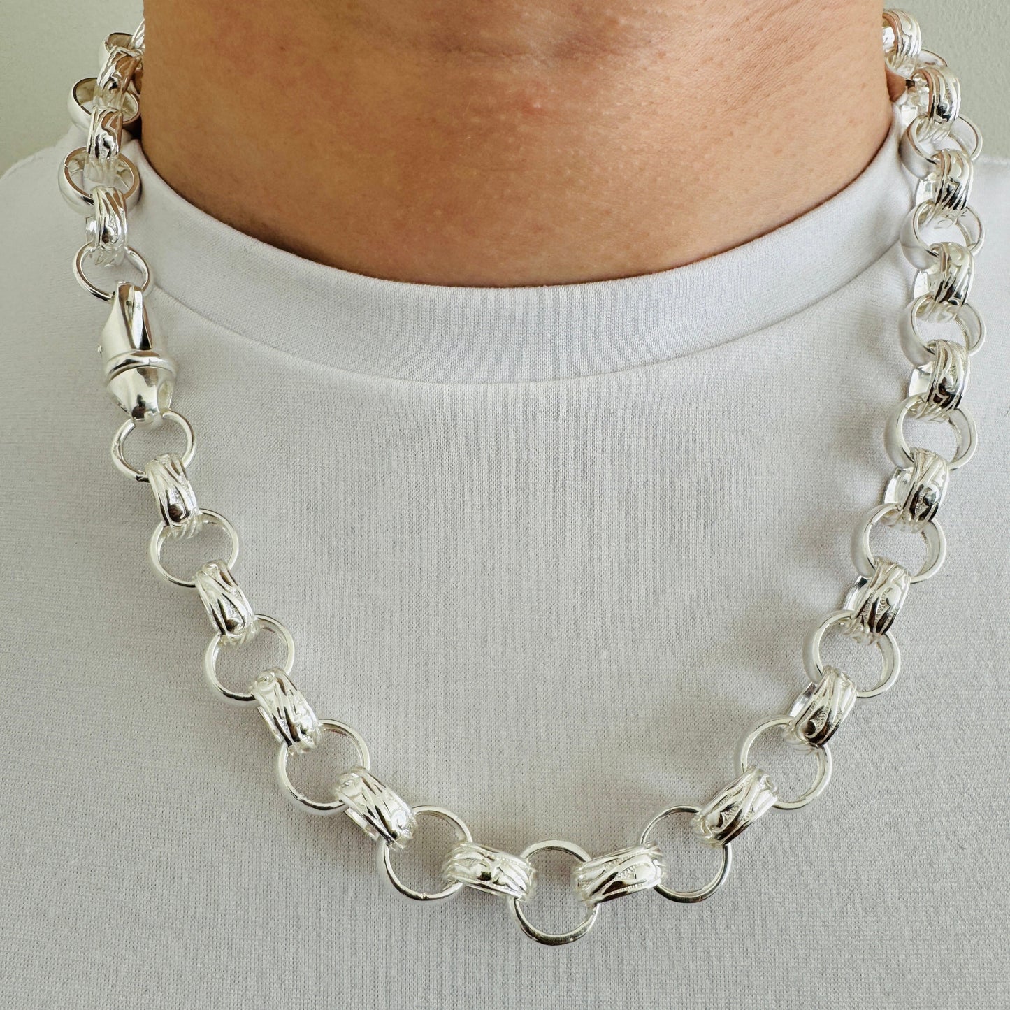 925 Sterling Silver 14mm Round Engraved Belcher Chain
