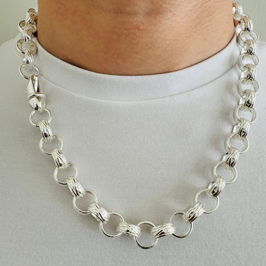 925 Sterling Silver 14mm Round Engraved Belcher Chain