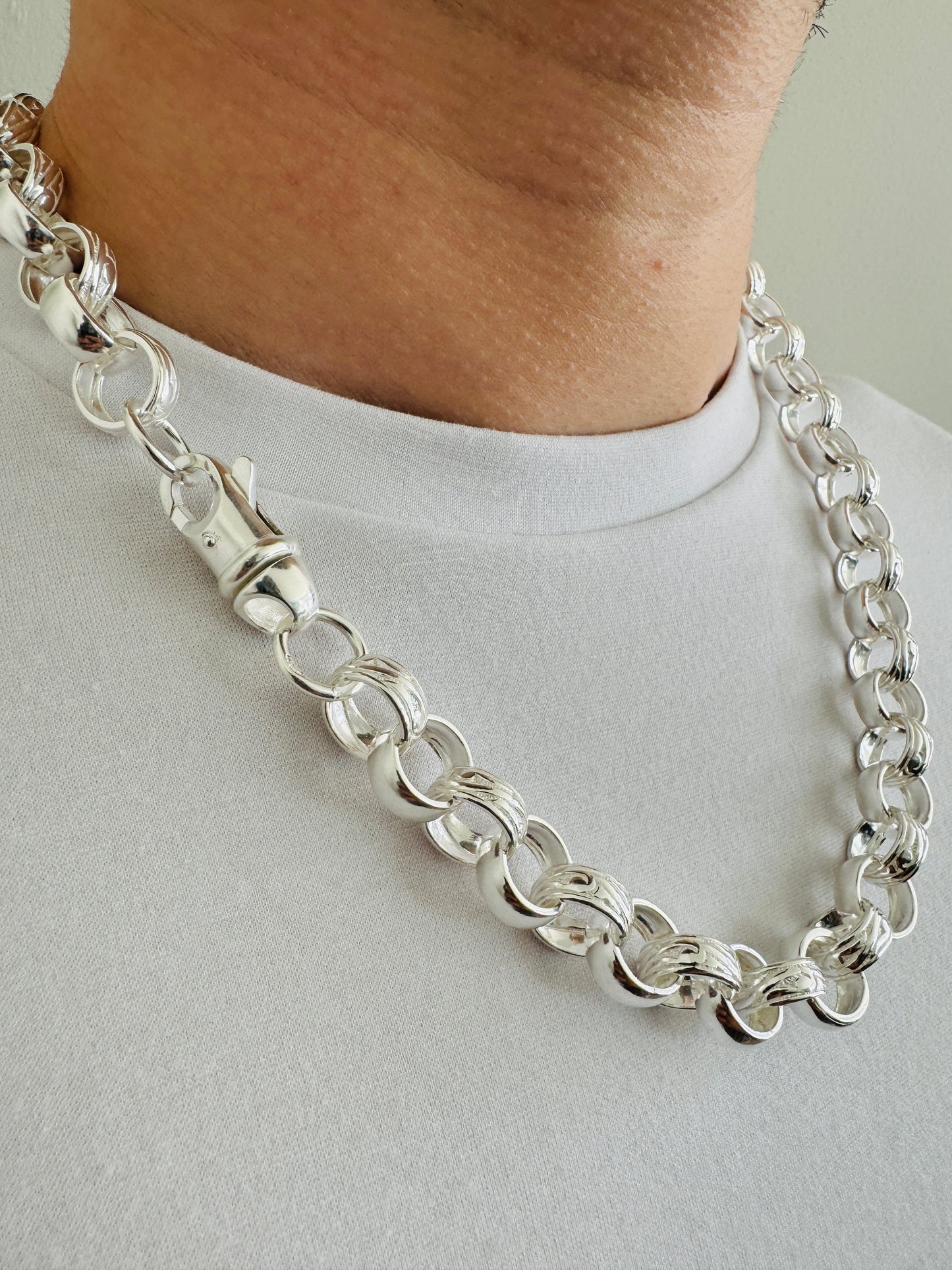 925 Sterling Silver 14mm Round Engraved Belcher Chain
