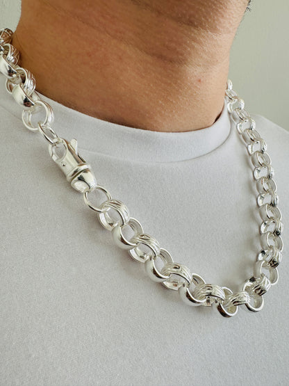 925 Sterling Silver 14mm Round Engraved Belcher Chain