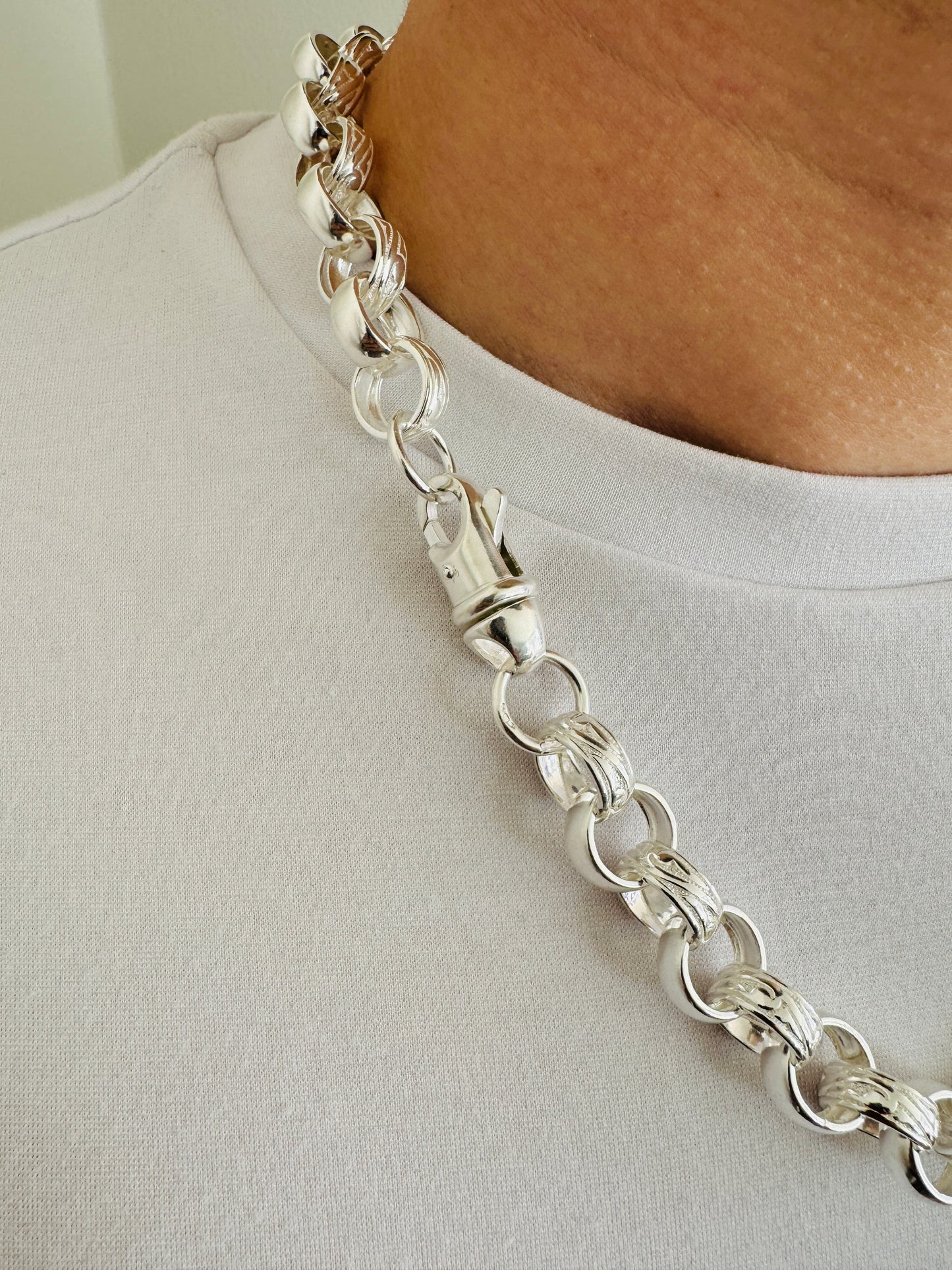 925 Sterling Silver 14mm Round Engraved Belcher Chain