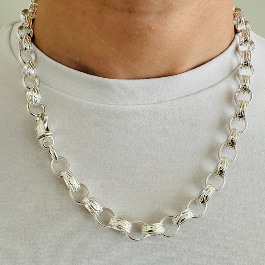 925 Sterling Silver 12mm Oval Engraved Belcher Chain