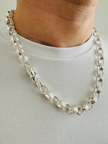 925 Sterling Silver 12mm Oval Engraved Belcher Chain