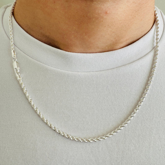 925 Sterling Silver Mens 3mm Twisted Rope Chain
