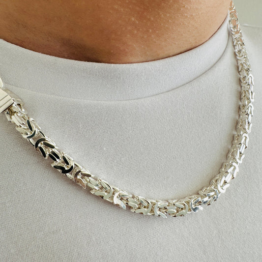 925 Sterling Silver 7mm Mens Square Byzantine Chain