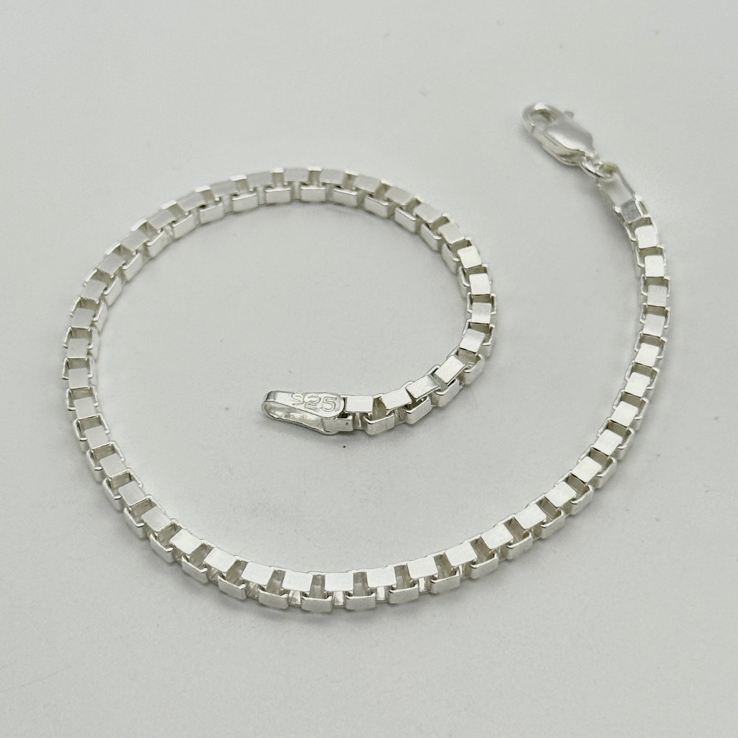 925 Sterling Silver 3mm Square Box Link Bracelet 8 INCH