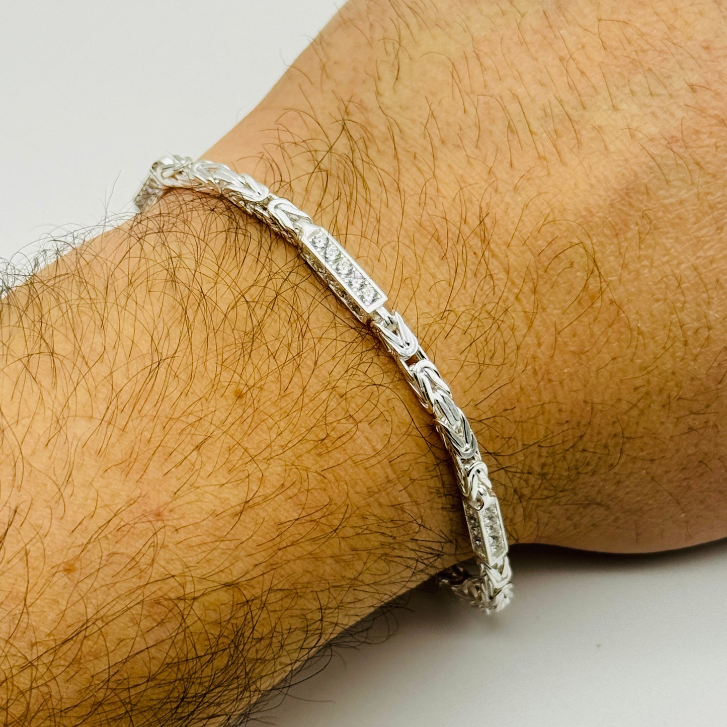925 Sterling Silver 3mm CZ Square Byzantine Bracelet 8 INCH