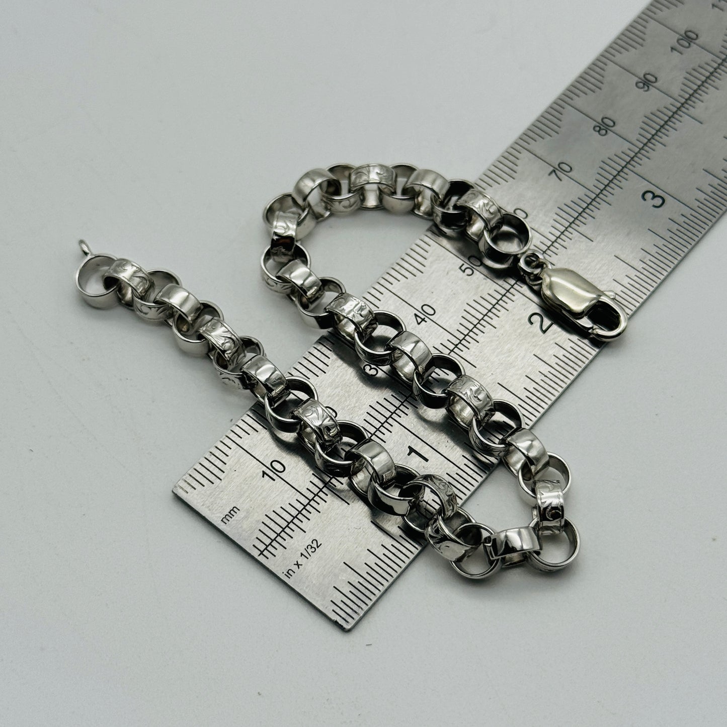 925 Sterling Silver 7mm Engraved Belcher Bracelet 7.5" - 8.5"