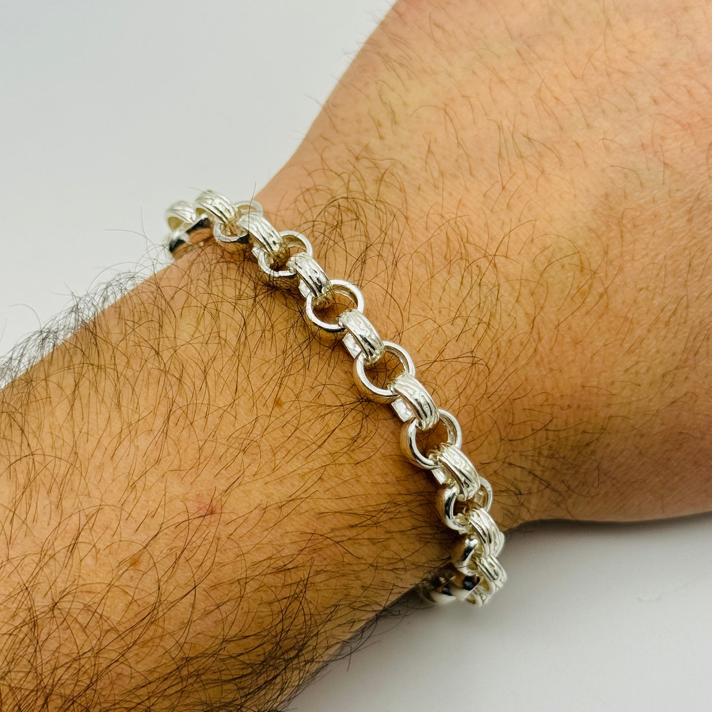 925 Sterling Silver 8mm Round Engraved Belcher Bracelet 7.5" - 8.5"