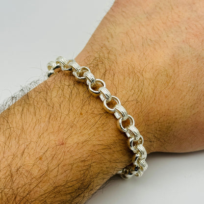 925 Sterling Silver 8mm Round Engraved Belcher Bracelet 7.5" - 8.5"