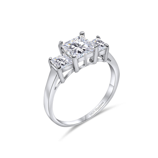 925 Sterling Silver Three Stone Square Diamond Engagement Ring